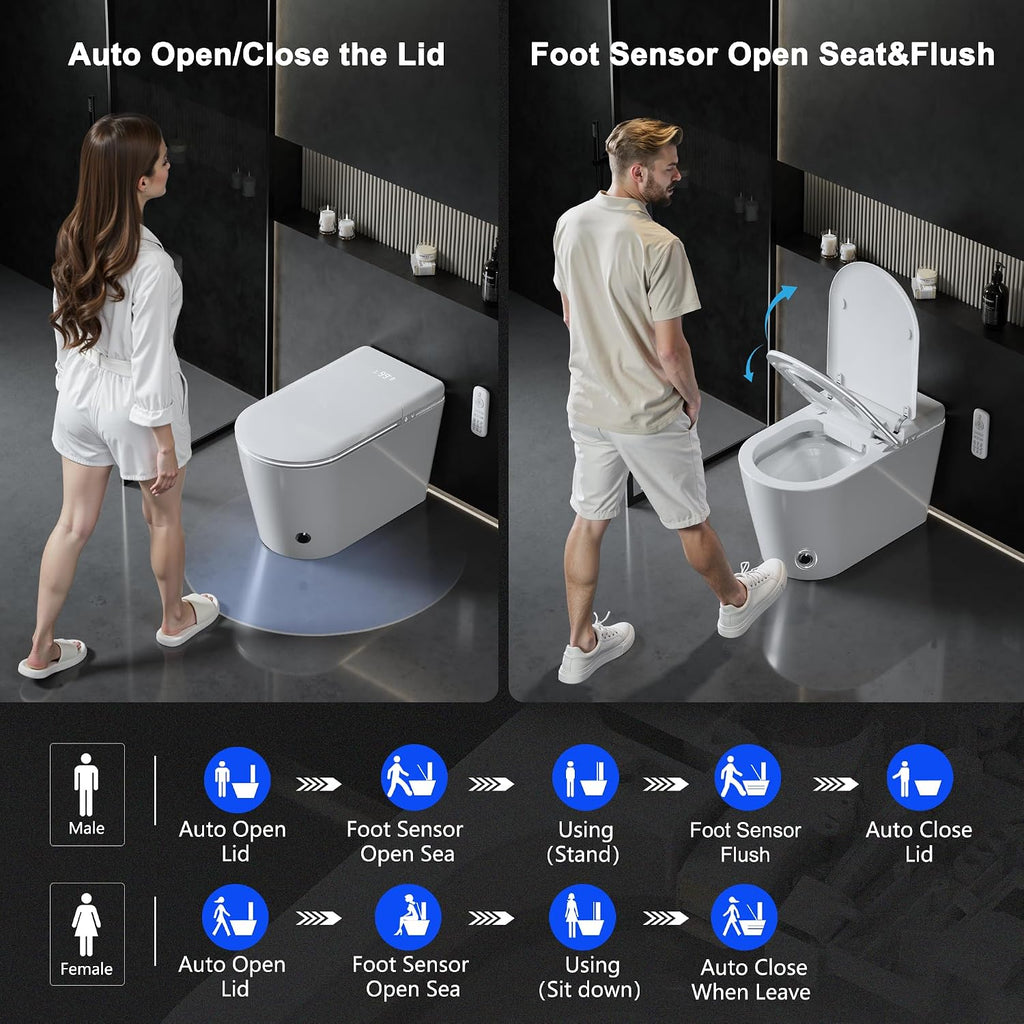 Luxury Smart Toilet with Heated Seat & Instant Warm Water with Remote Control Bidet,Hidden Foam Shield,Air Purification,One Piece Tankless Toilet with ADA Comfort Height,LED Display