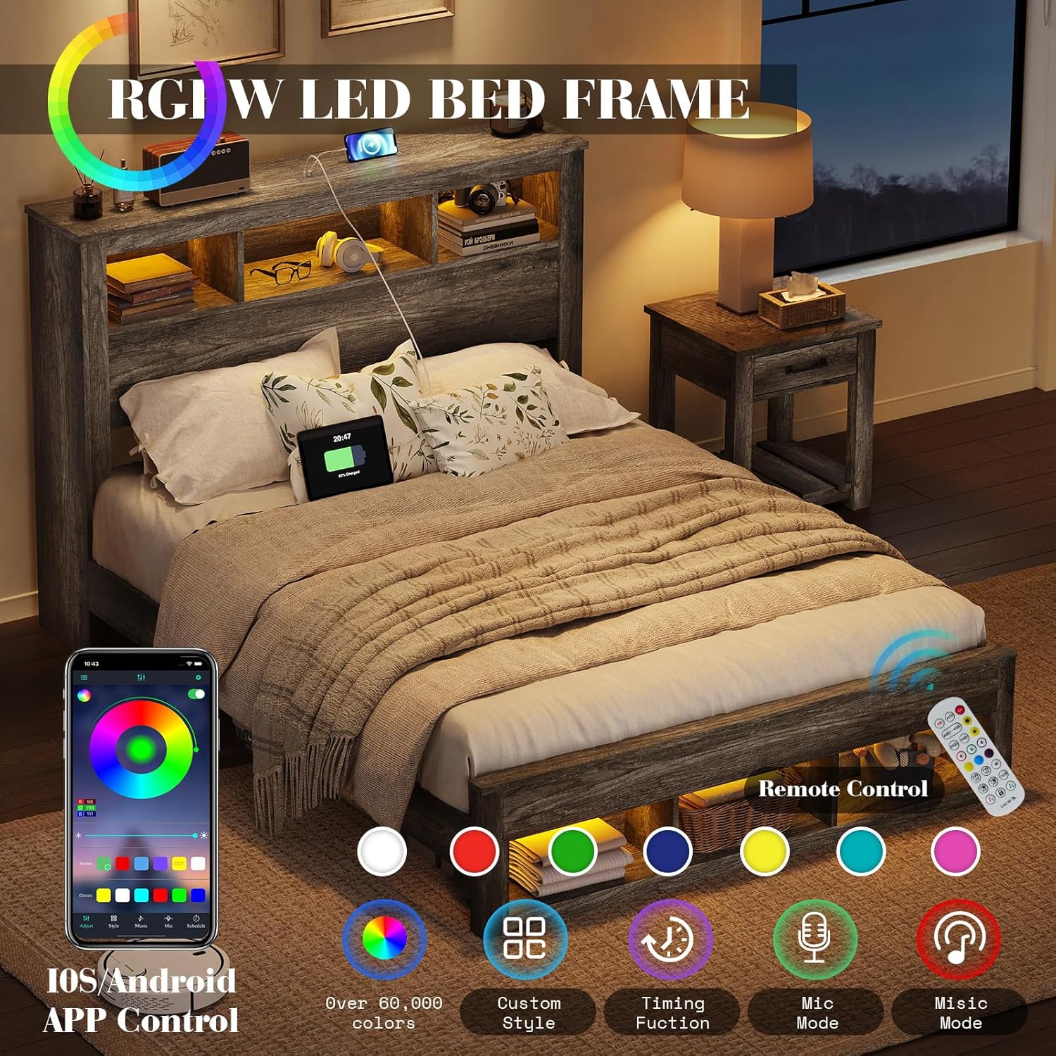 Albott Farmhouse Full Size Bed Frame with Storage/Bookcase Headboard & Footboard, Wood Platform Bed with LED Lights/Charging Station, Heavy-Duty Metal Support/No Box Spring Needed/Noise-Free, Gray