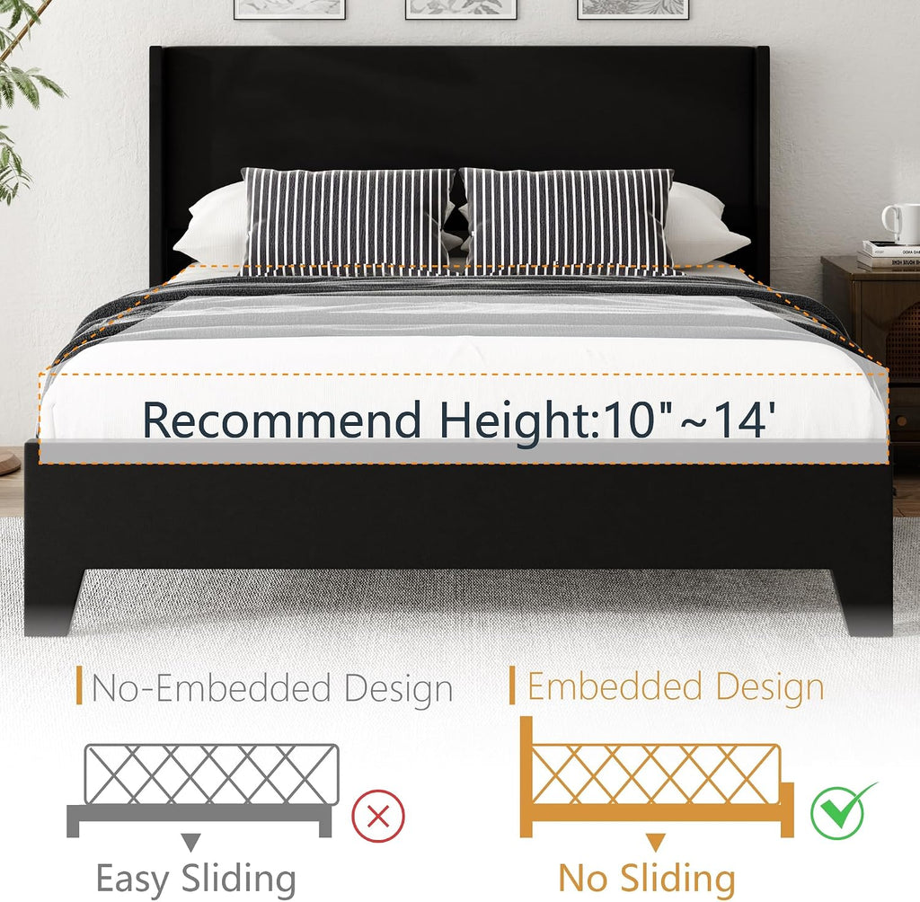 Queen Bed Frame with Faux Leather Upholstered Headboard, Wear-Resistant, Easy Clean, Mattress Foundation, No Box Spring Required, Easy Assembly, Black