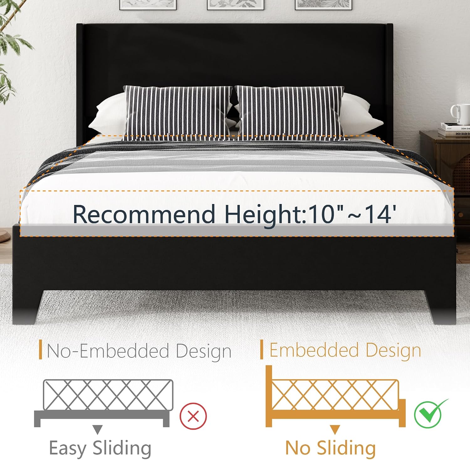 Full Size Bed Frame with Faux Leather Upholstered Headboard, Wear-Resistant, Easy Clean, Mattress Foundation, No Box Spring Required, Easy Assembly, Black