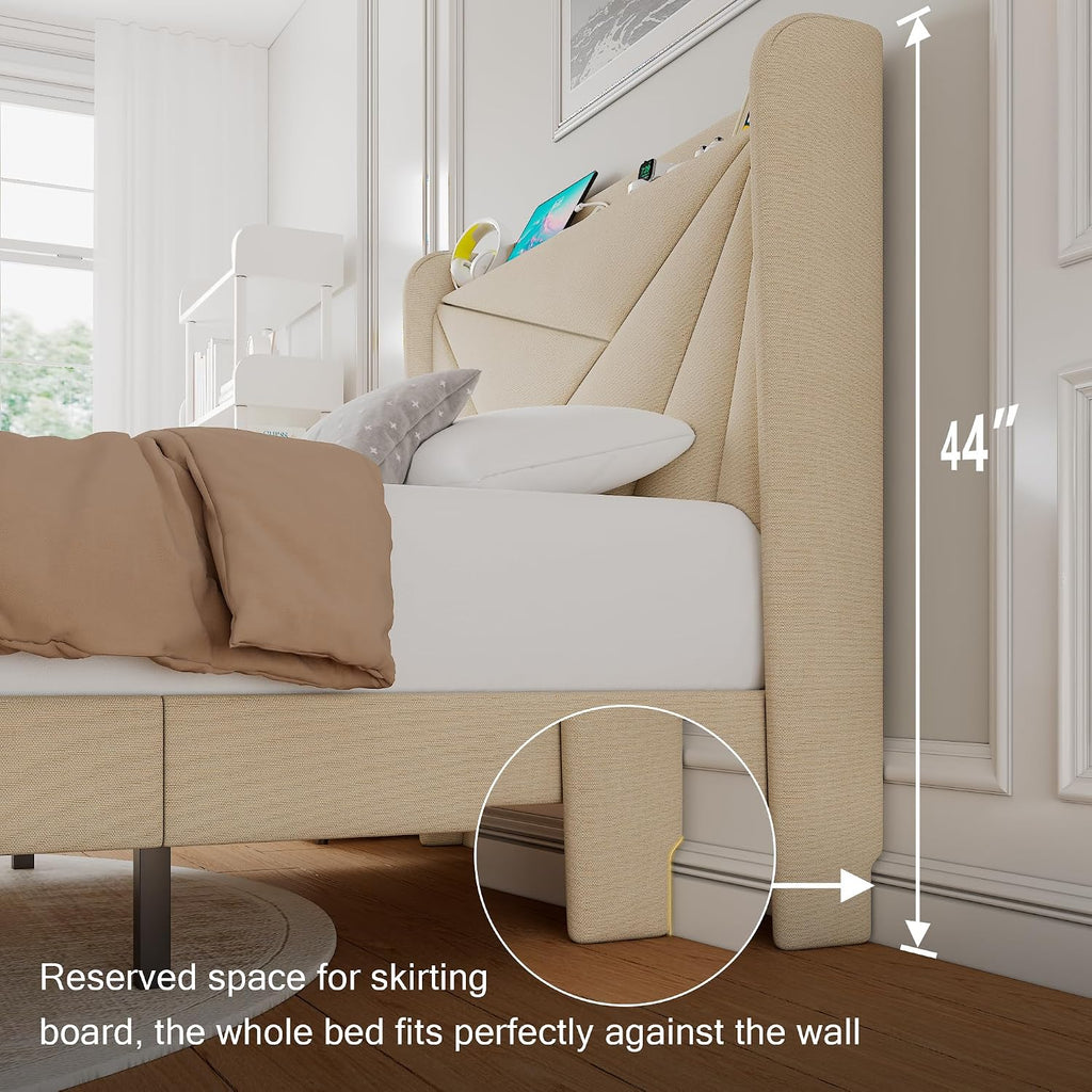 Einhomn Twin Size Upholstered Bed Frame with Charging Station, Platform Bed Frame with Storage Headboard, Solid Wood Slats Support, No Box Spring Needed, Beige