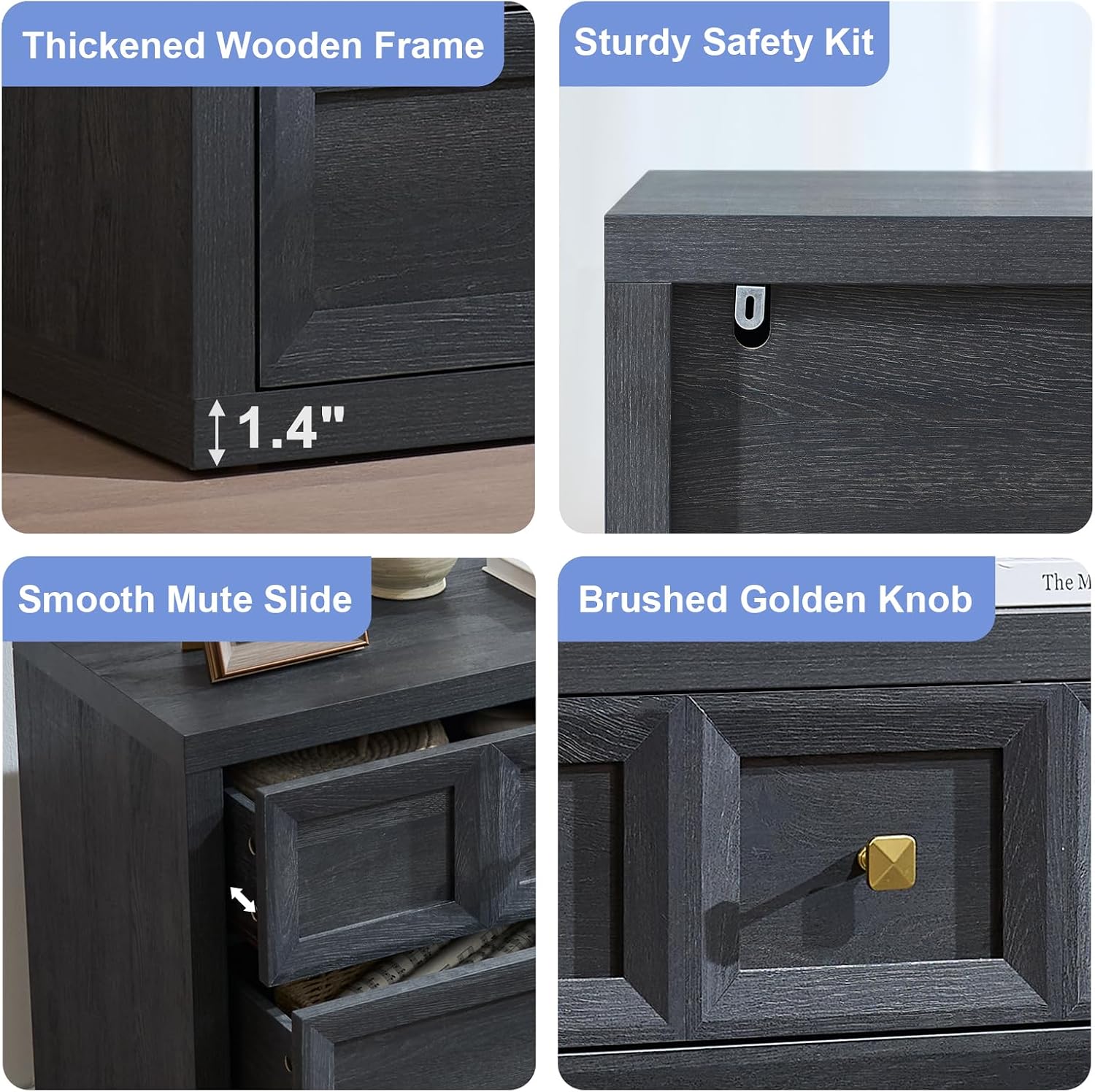 3 Drawers Nightstand Set of 2 W/Charging Station, 30.7' W King Size Bedside Table with 3 Drawers, Accent End Table W/Large Storage, Modern Wood Side Table for Bedroom,Office (2 Pieces, Gray Black)