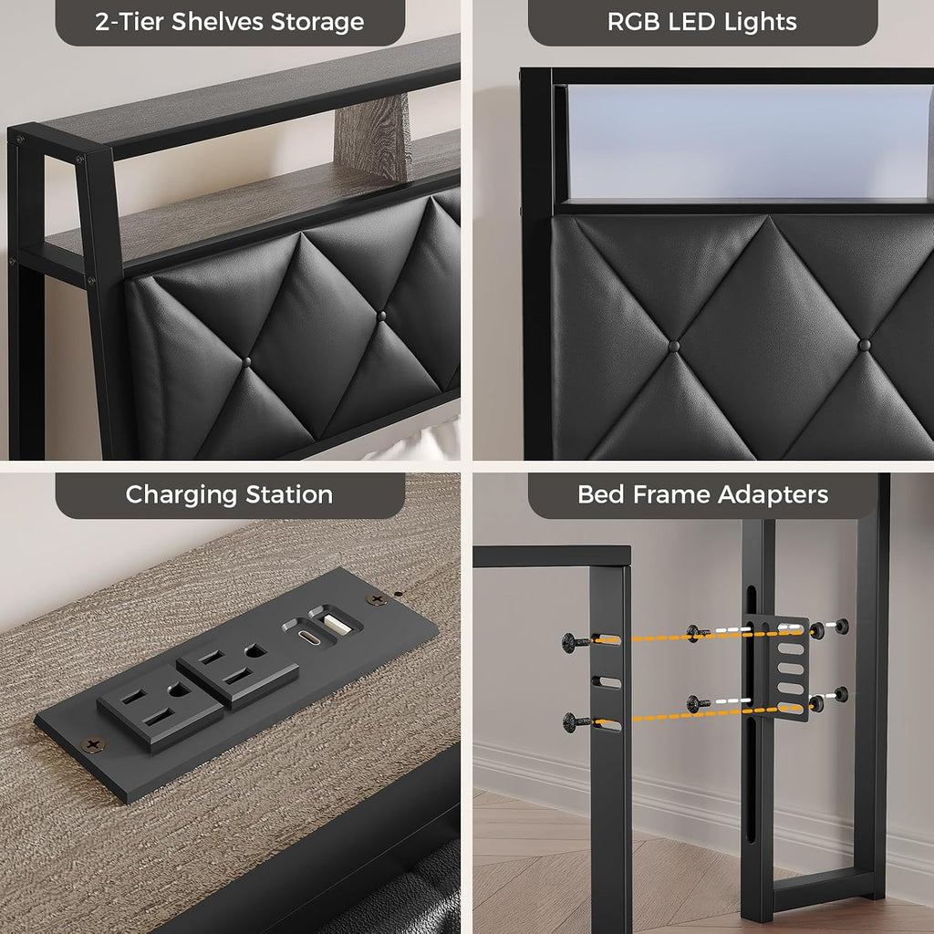 Queen Headboard Only, Headboard for Queen Size Bed with Storage, Upholstered Headboards with LED Lights & Charging Station, Attach Frame, Ideal for Bedroom/Dorm/Guest Room, Black, Faux Leather