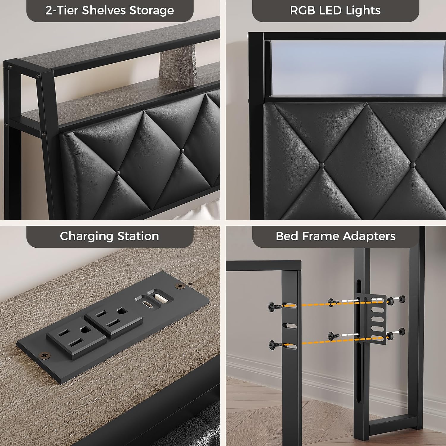 Queen Headboard Only, Headboard for Queen Size Bed with Storage, Upholstered Headboards with LED Lights & Charging Station, Attach Frame, Ideal for Bedroom/Dorm/Guest Room, Black, Faux Leather