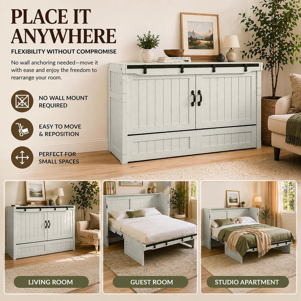 NIGHT & DAY Furniture Rustic Murphy Cube Cabinet Bed (Vintage White w/Ranchero Hardware, Queen)