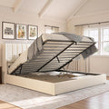 Jocisland Queen Size Lift Up Storage Bed Frame, Linen Upholstered Platform Bed with Vertical Channel Tufted Headboard and Wingback, Hydraulic System, No Box Spring Needed, Wood Slats Support, White