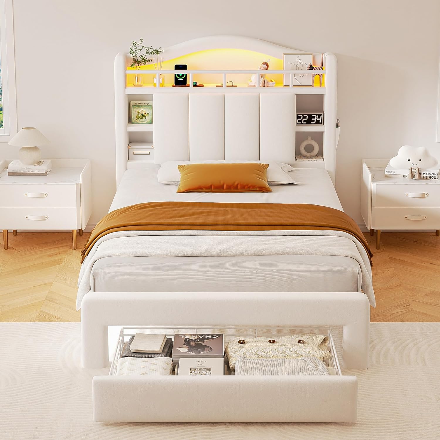 Twin Size Bed Frame with LED Storage Headboard & 2 Storage Drawers, Velvet Upholstered Bed with Vertical Tufted Headboard Design, USB & Type-C Charging Ports, Wooden Slats Support, Noise-Free, Beige