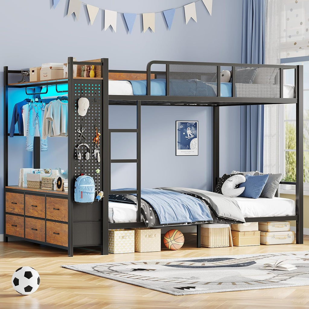 Itaar Metal Bunk Bed Full Over Full with Hall Tree, Power Outlet, LED Bunk Bed with 6 Storage Drawers, Bed with 13'' Safety Guardrail & Ladders for Kids and Teen, 400lb Weight Capacity, Rustic Brown