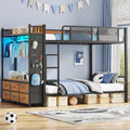 Itaar Metal Bunk Bed Full Over Full with Hall Tree, Power Outlet, LED Bunk Bed with 6 Storage Drawers, Bed with 13'' Safety Guardrail & Ladders for Kids and Teen, 400lb Weight Capacity, Rustic Brown