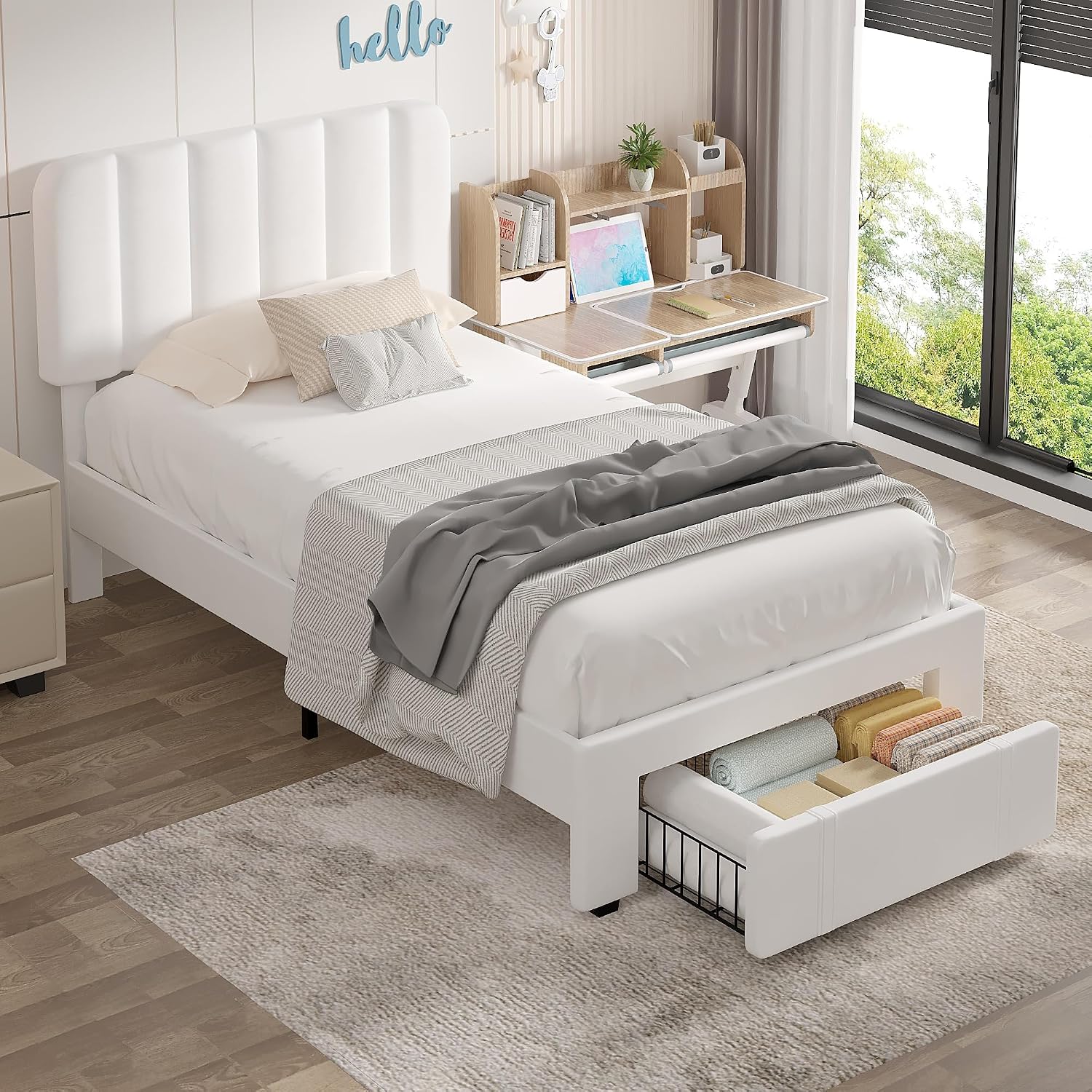 VECELO Twin Size Upholstered Bed Frame with Drawer and Headboard, Velvet Platform Storage Bedframe, Wooden Slats Support, No Box Spring Needed, White