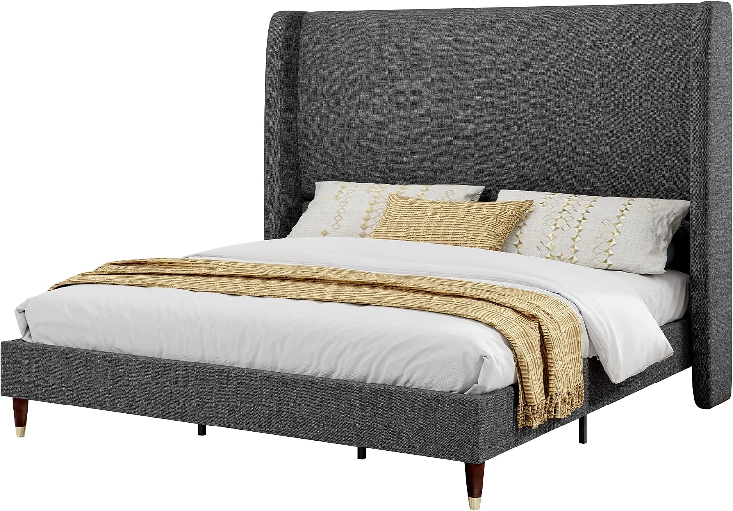 PaPaJet King Bed Frame with 51.2' Tall Wingback Headboard,Line Upholstered Platform Bed,Solid Wood Legs,No Box Spring Needed,Noise-Free&Easy Assembly,for Master Bedroom & Luxury Home,Dark Grey