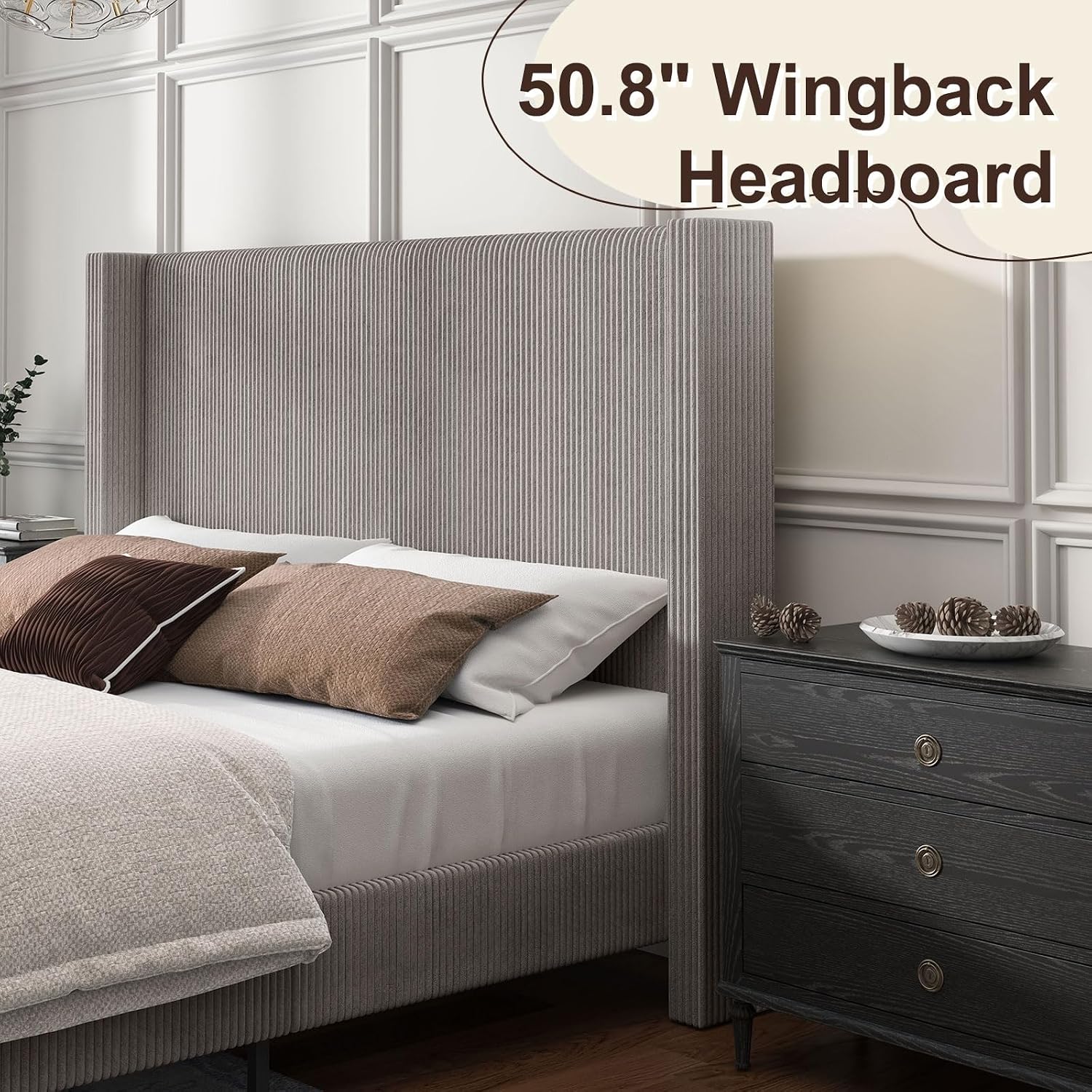 HOWE Queen Size Bed Frame with 50.8' Tall Wingback Headboard, Modern Corduroy Upholstered Platform Bed Frame with Solid Wood Slats & Legs, No Box Spring Needed, Noise-Reducing Design, Taupe