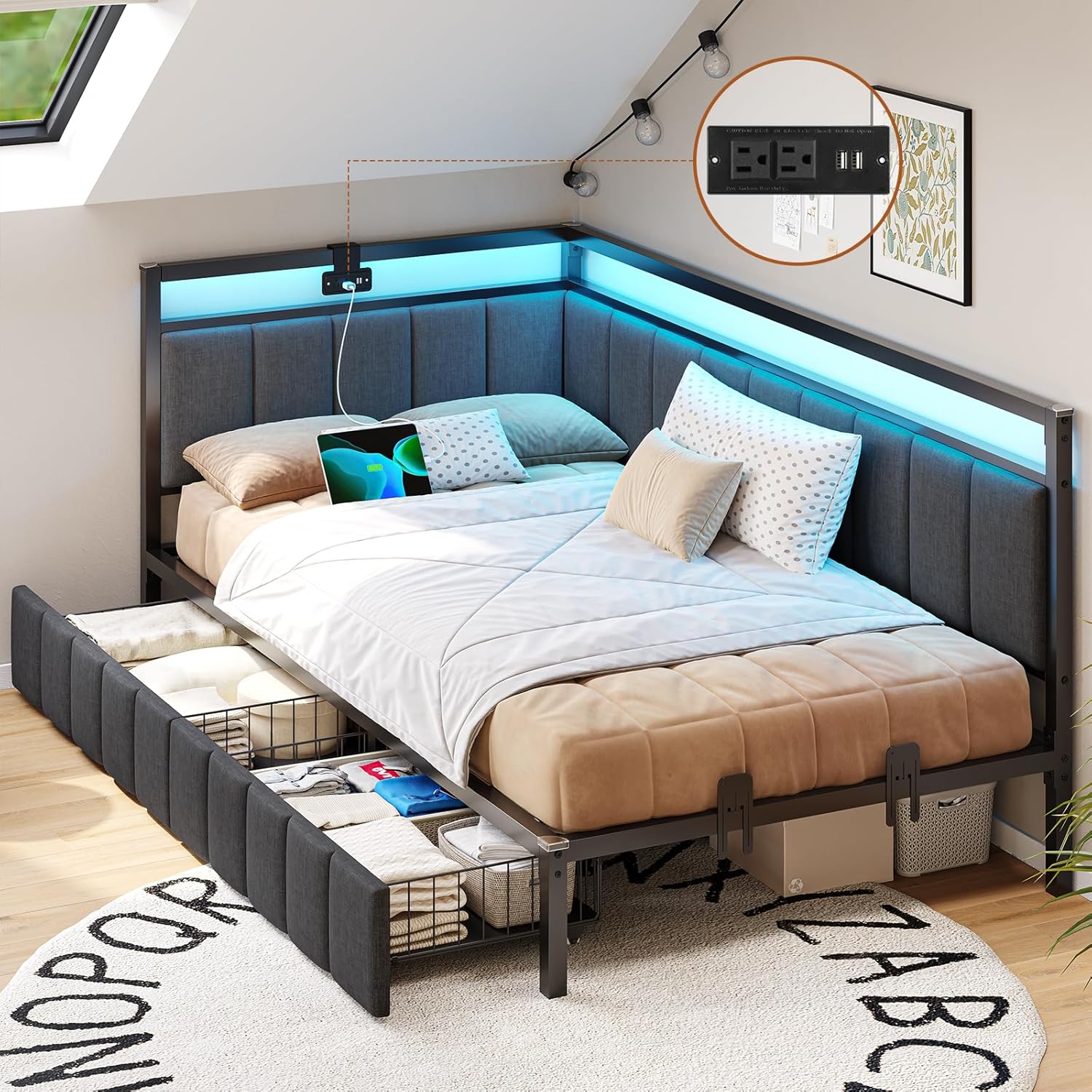 DICTAC Corner Bed Frame with 2 Storage Drawers and Charging Station Twin XL Metal Platform Bed Frame with Led Lights and Upholstered Guardrail Twin XL Daybed for Kids/Teen,No Box Spring Needed,Gray