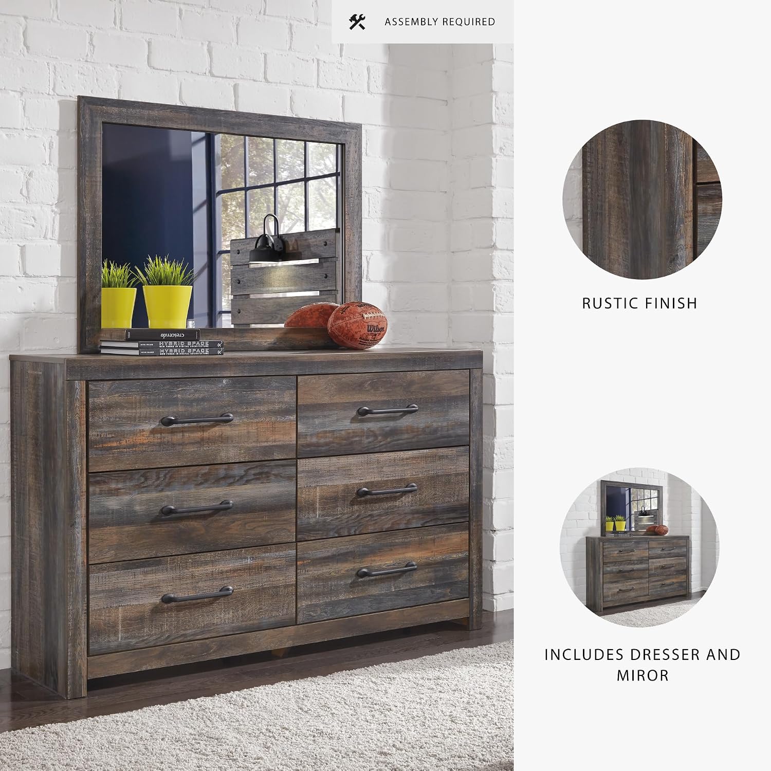 Signature Design by Ashley Drystan Rustic Smooth-Gliding 6-Drawer Dresser and Mirror with Safety Stop, Gray & Dark Brown