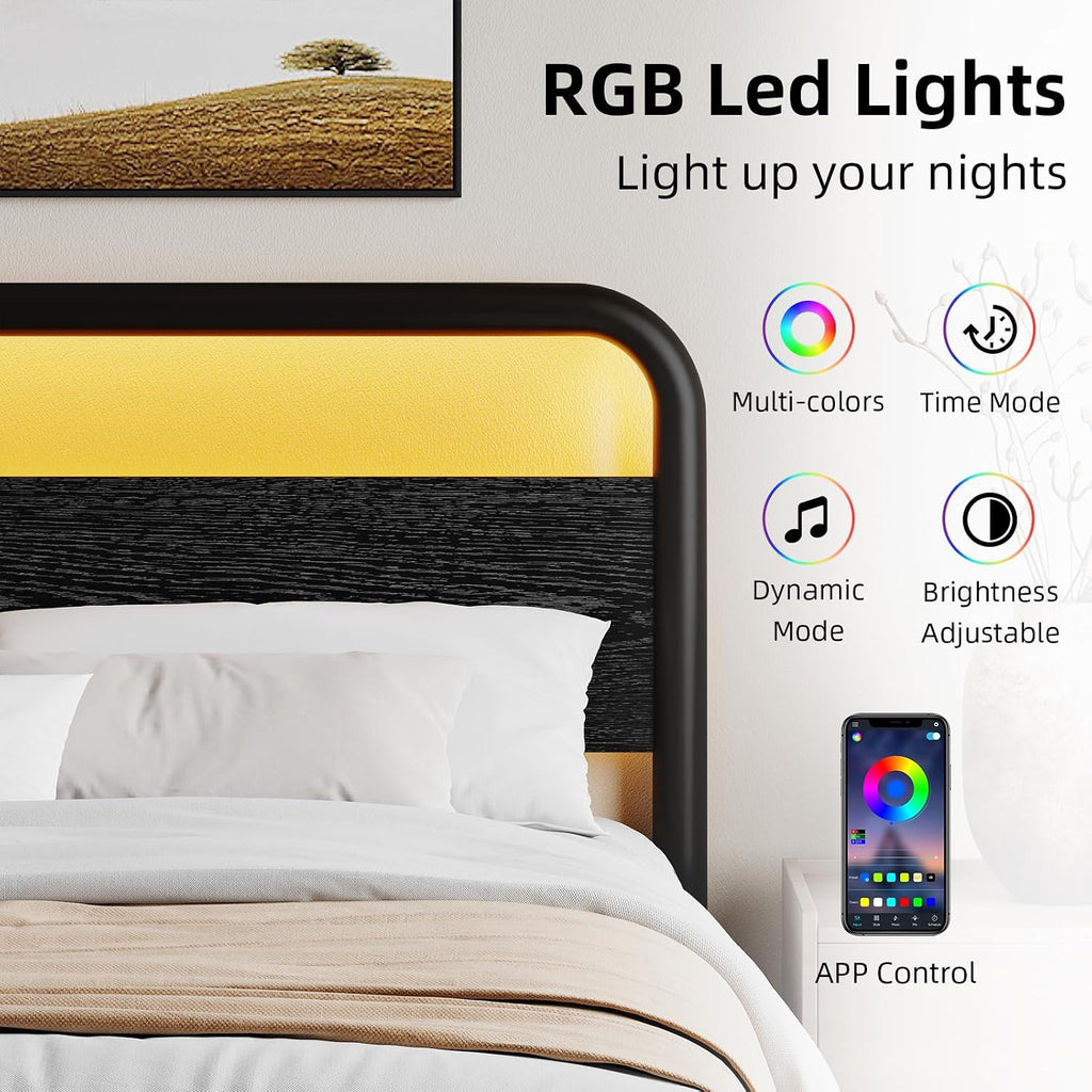 Catrimown Queen Bed Frame with LED Lights, Heavy Duty Metal Rustic Platform Bed Frame Queen Size with Headboard, Noise Free, No Box Spring Needed, Black