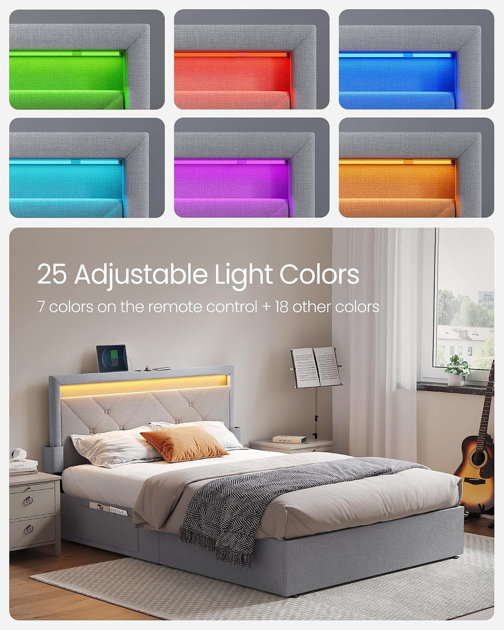VASAGLE LED Bed Frame Full Size, Full Bed with Headboard and 4 Drawers, 1 USB Port and 1 Type C Port, Adjustable Upholstered Headboard 37.1/39.6 Inches, No Box Spring Needed, Light Gray URMB822G01