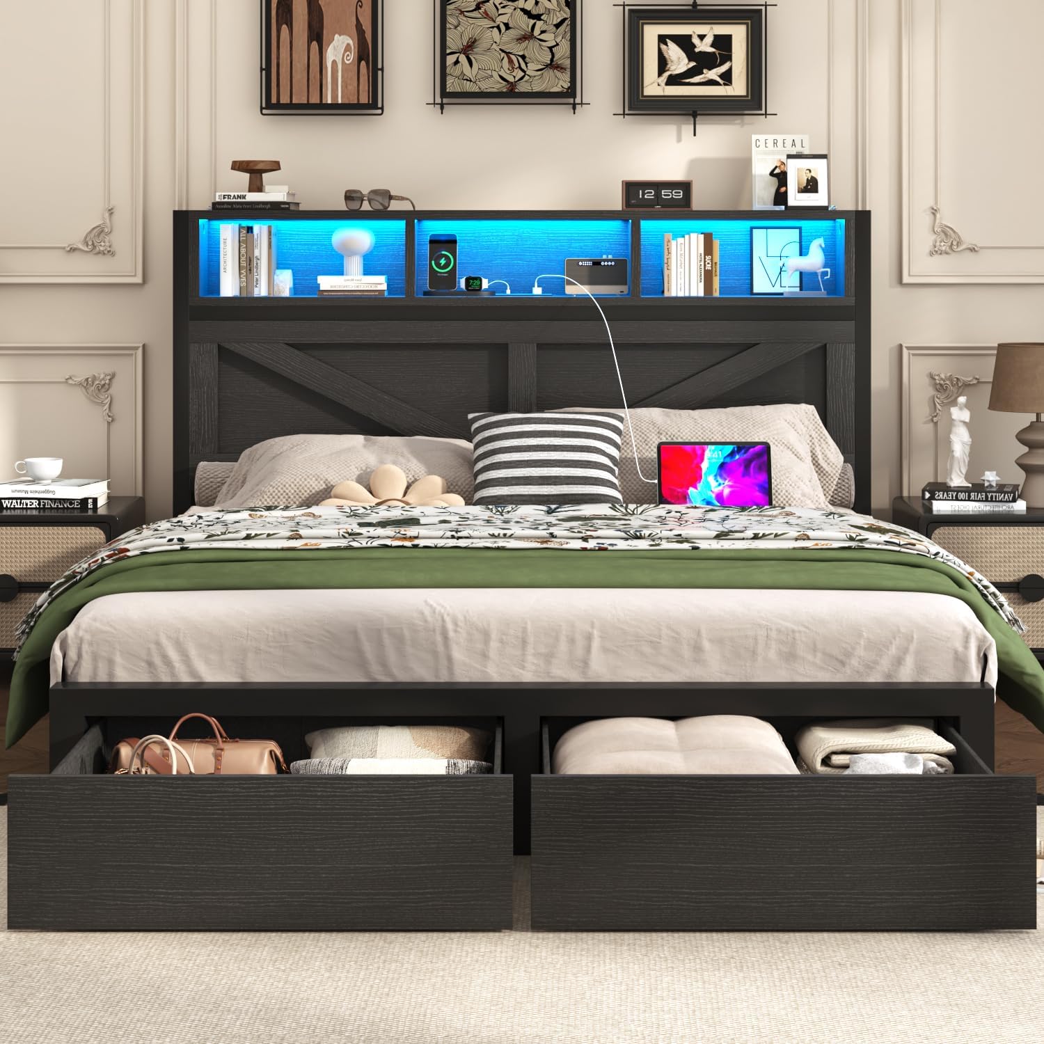 Incyneva Farmhouse Full Bed Frame with Bookcase Storage Headboard, Charging Station, LED Light and 2 Storage Drawers, Noise Free, No Box Spring Needed, Black