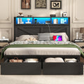 Incyneva Farmhouse Queen Bed Frame with Bookcase Storage Headboard, Charging Station, LED Light and 2 Storage Drawers, Noise Free, No Box Spring Needed, Black
