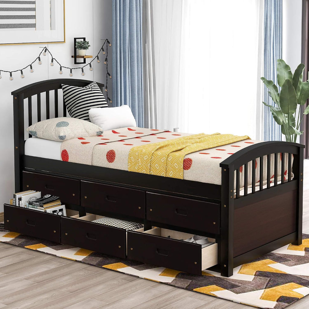 Merax Twin Size Platform Storage Bed Solid Wood Bed with 6 Drawers