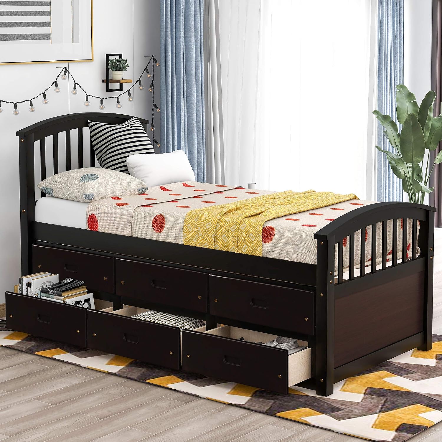 Merax Twin Size Platform Storage Bed Solid Wood Bed with 6 Drawers