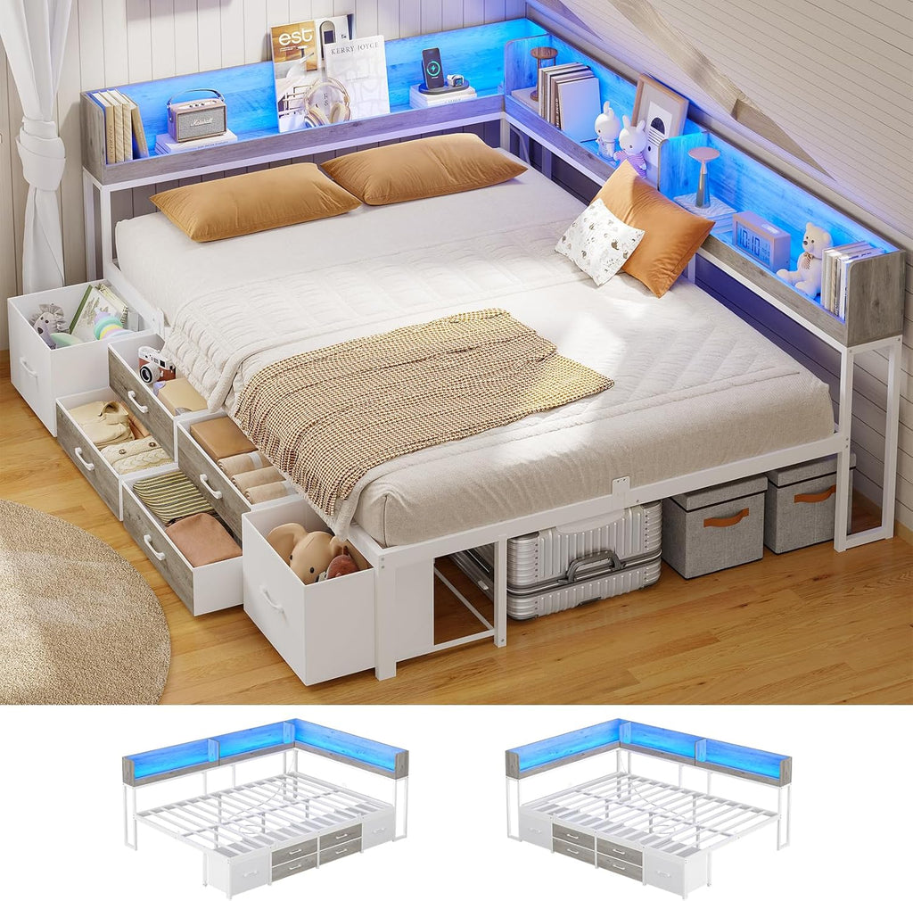 MSmask 14 Inch Corner Bed Frame with Bookcase Storage, Full Daybed with 6 Drawers, Charging Station and LED Light, Full Size Metal Platform Bed Frame for Kids Teenagers, White & Oak Grey