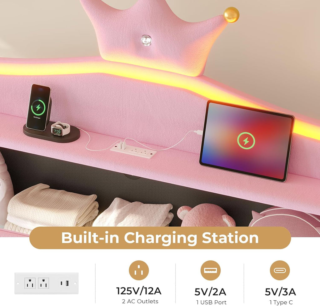 MSmask Full Bed Frame with LED Lights, Princess Upholstered Bed with Headboard with Charging Station & Crystal Button & Crown, Velvet Platform Bed for Girls, Solid Wood Slats, Curved Legs, Pink