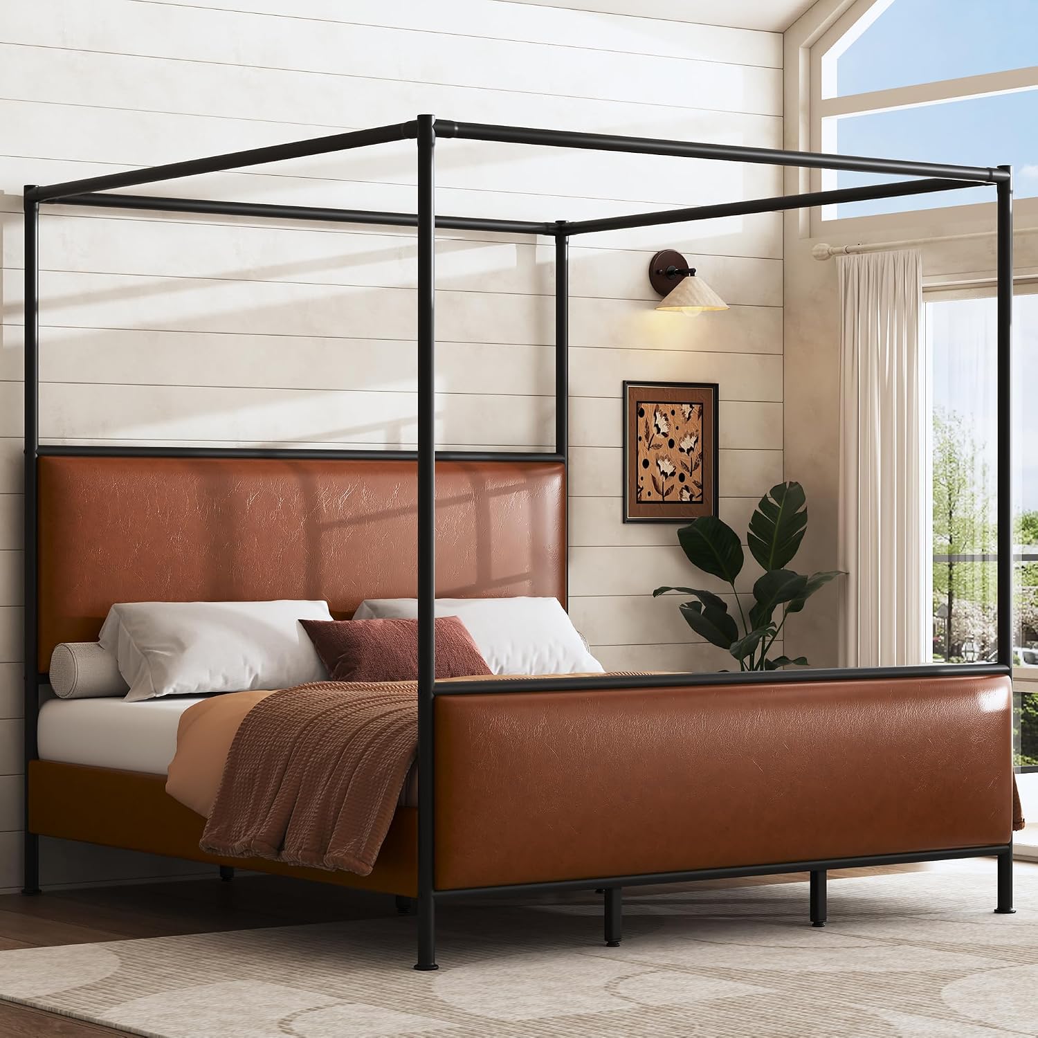 King Size Canopy Bed with Upholstered Headboard, Tall Four Poster Platform Bed for Bedroom (Brown+Black, King)