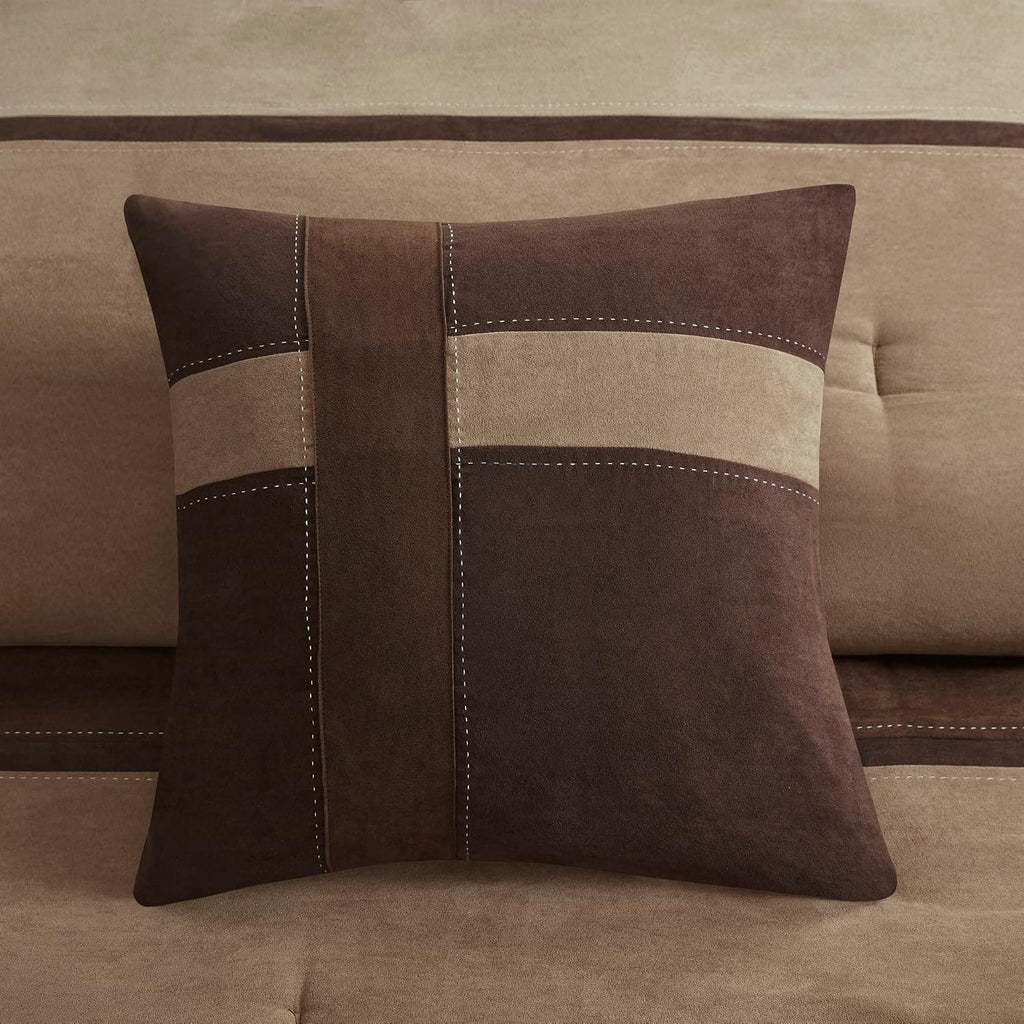 Madison Park Palisades Comforter Set Modern Faux Suede Pieced Stripe Design, All Season Down Alternative Cozy Bedding with Matching Shams, Decorative Pillows, King(104'x92'), Brown 7 Piece