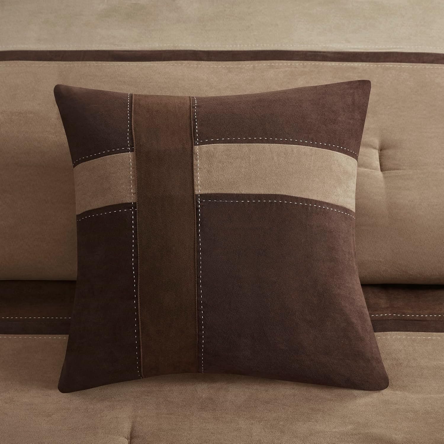 Madison Park Palisades Comforter Set Modern Faux Suede Pieced Stripe Design, All Season Down Alternative Cozy Bedding with Matching Shams, Decorative Pillows, King(104'x92'), Brown 7 Piece