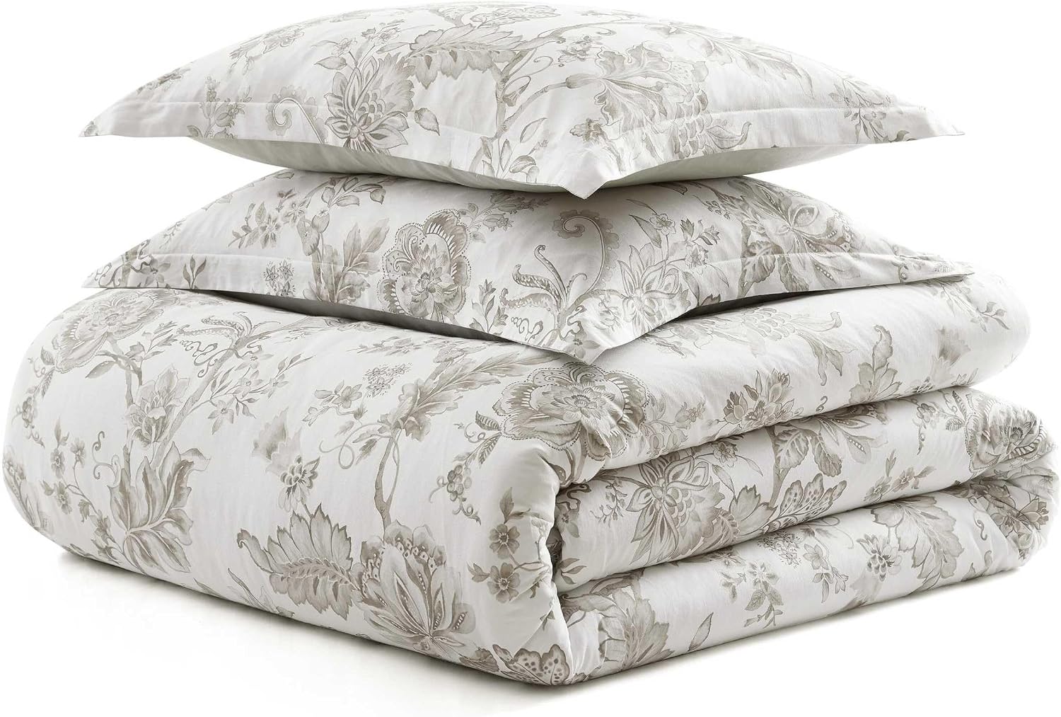 Martha Stewart - Queen Comforter Set, Smooth Sateen Front with Subtle Sheen & Lightweight Cotton Percale Reverse, 3 Piece Bed Set with Matching Pillowcases (Avery Floral Grey)