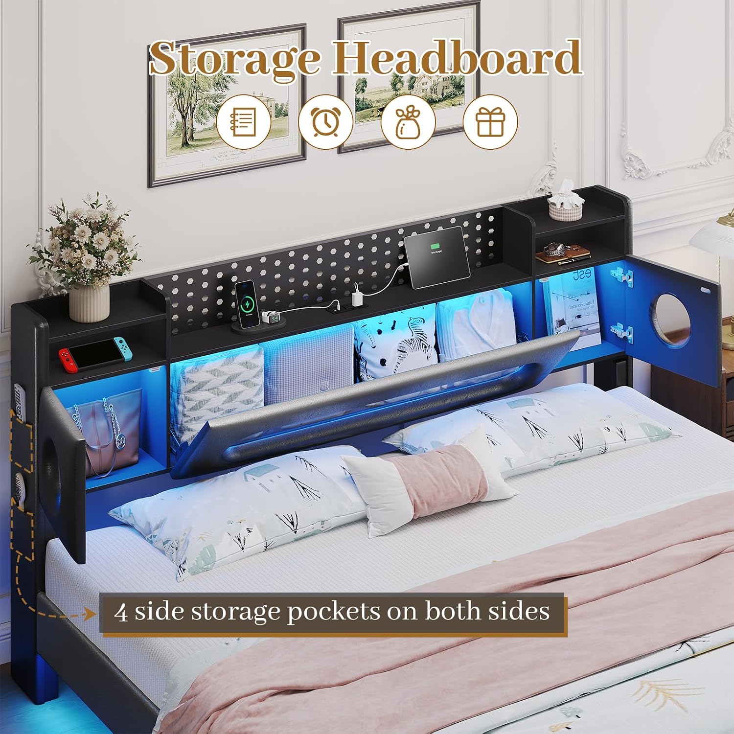 Floating Bed Frame,King Size Bed Frame with Storage Headboard & LED Light,Floating bed Frame King with Charging Station,King Bed with Bookcase Headboard,No Box Spring Needed,Noise-Free PU Black