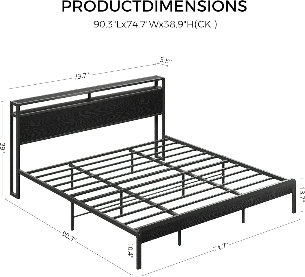 LIKIMIO California King Bed Frame with Headboard, Dark Wood Camas California King with Strong Supports, Sturdy, Noise-Free, No Box Spring Needed, Black