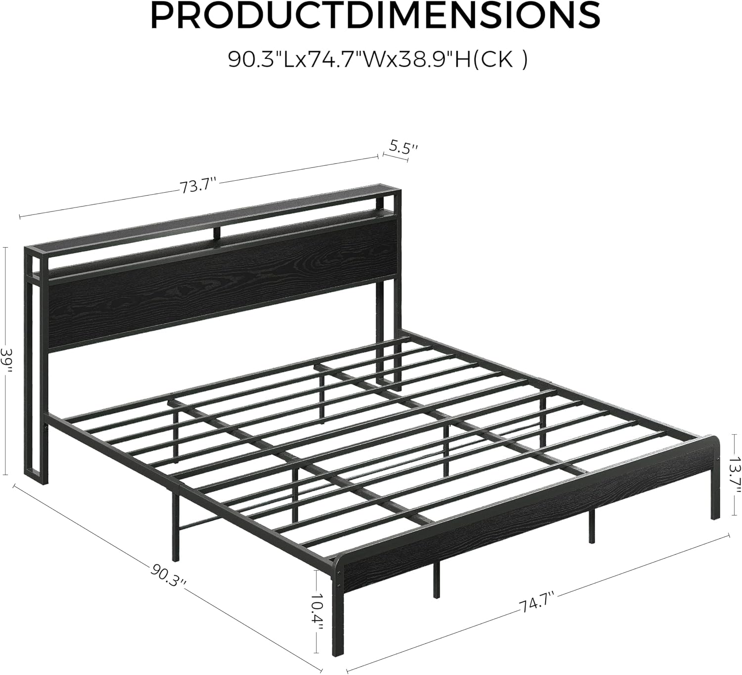 LIKIMIO California King Bed Frame with Headboard, Dark Wood Camas California King with Strong Supports, Sturdy, Noise-Free, No Box Spring Needed, Black