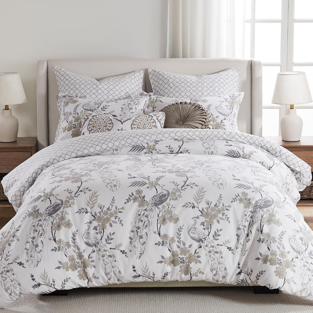 Levtex Home Pisa Reversible King/Cal King Comforter Set (106x94in) with 2 Pillowcases (36x20in) - Floral Peacock - Grey, Taupe - 100% Cotton King Size Comforter Set - Soft, Pre-Washed