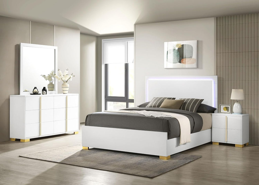 Coaster Home Furnishings Marceline Contemporary 4-Piece Bedroom Set Eastern King Size LED Panel Bed Frame 51-inch Headboard White 222931KE-S4