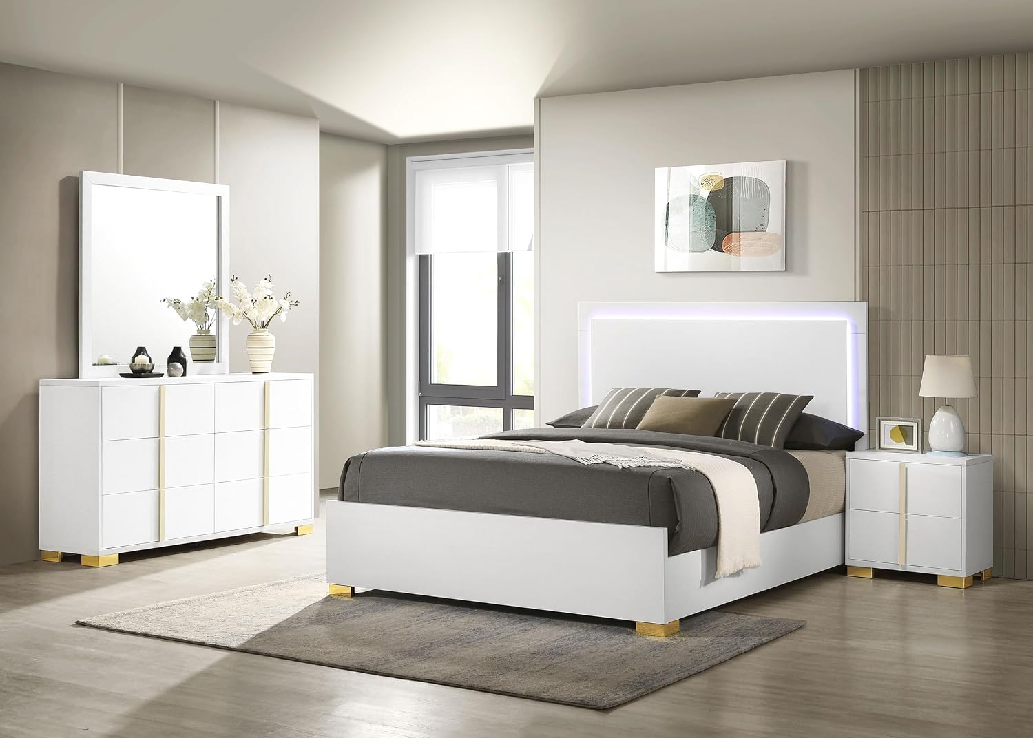 Coaster Home Furnishings Marceline Contemporary 4-Piece Bedroom Set Eastern King Size LED Panel Bed Frame 51-inch Headboard White 222931KE-S4