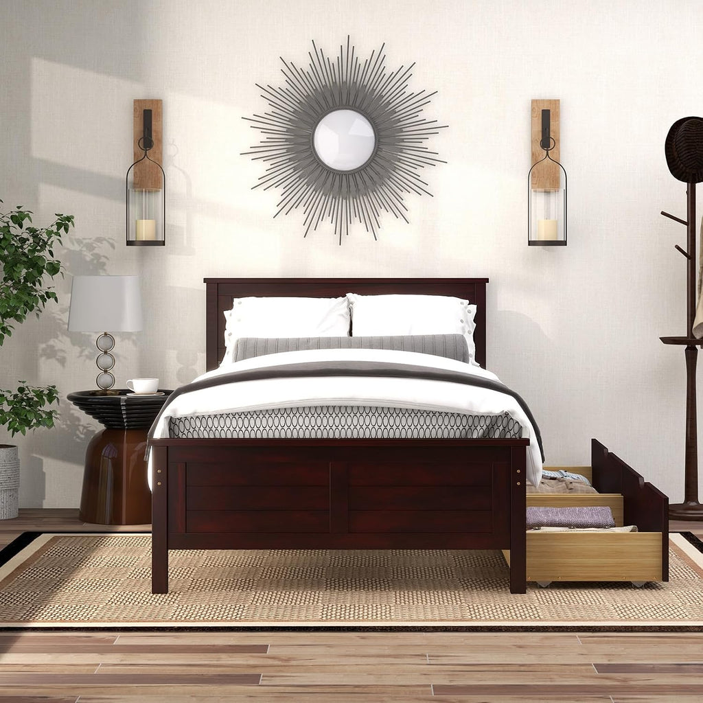 GOFLAME Twin Size Bed Frame with 2 Drawers, Platform Bed with Solid Wood Headboard & Footboard, Wood Slats Support Mattress Foundation, Under Bed Storage, No Box Spring Needed, Easy Assembly, Espresso