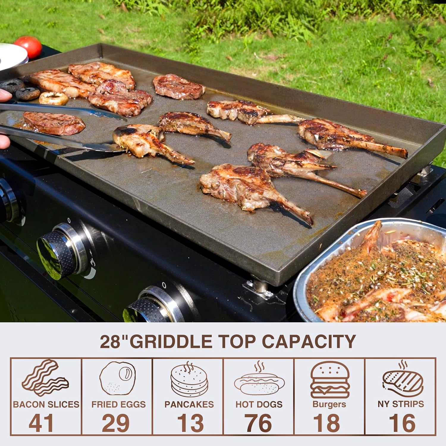 KingChii 28' 3-Burner Griddle with Counter Height Side Shelves, Powder Coated Steel, Black