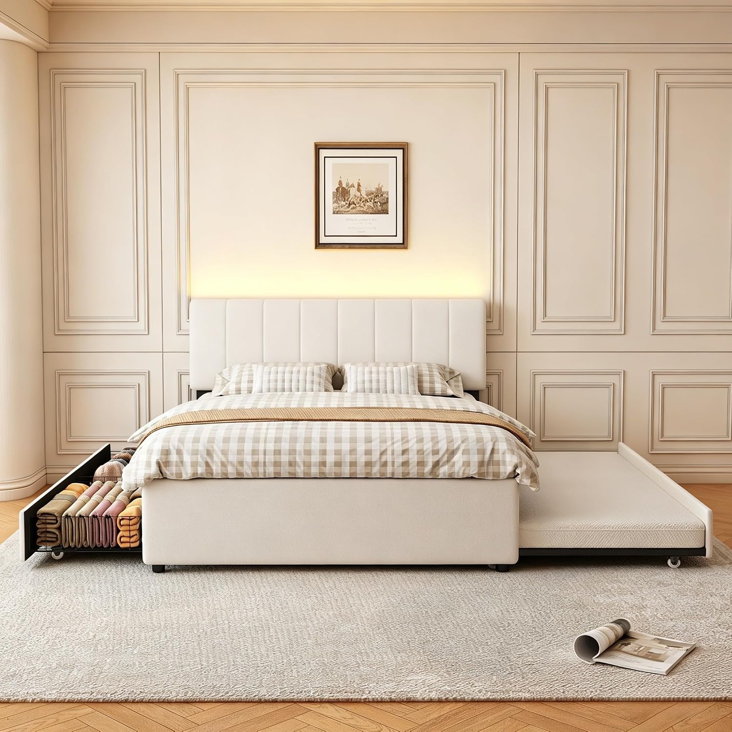 Full Size Upholstered Platform Bed with Trundle,2 Storage Drawers & USB/Type-C Charging,Chenille Fabric Bed Frame with APP-Controlled LED Lights,No Box Spring Needed,800LBS Capacity for Bedroom,Beige