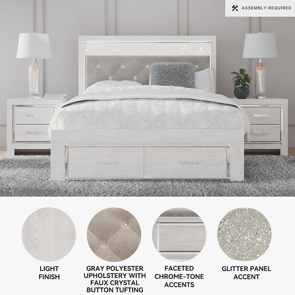Signature Design by Ashley Altyra Contemporary Adjustable Tufted Queen Upholstered Storage Platform Bed with LED Lights and 2 Drawers, Foundation or Box Spring Not Needed, White & Gray