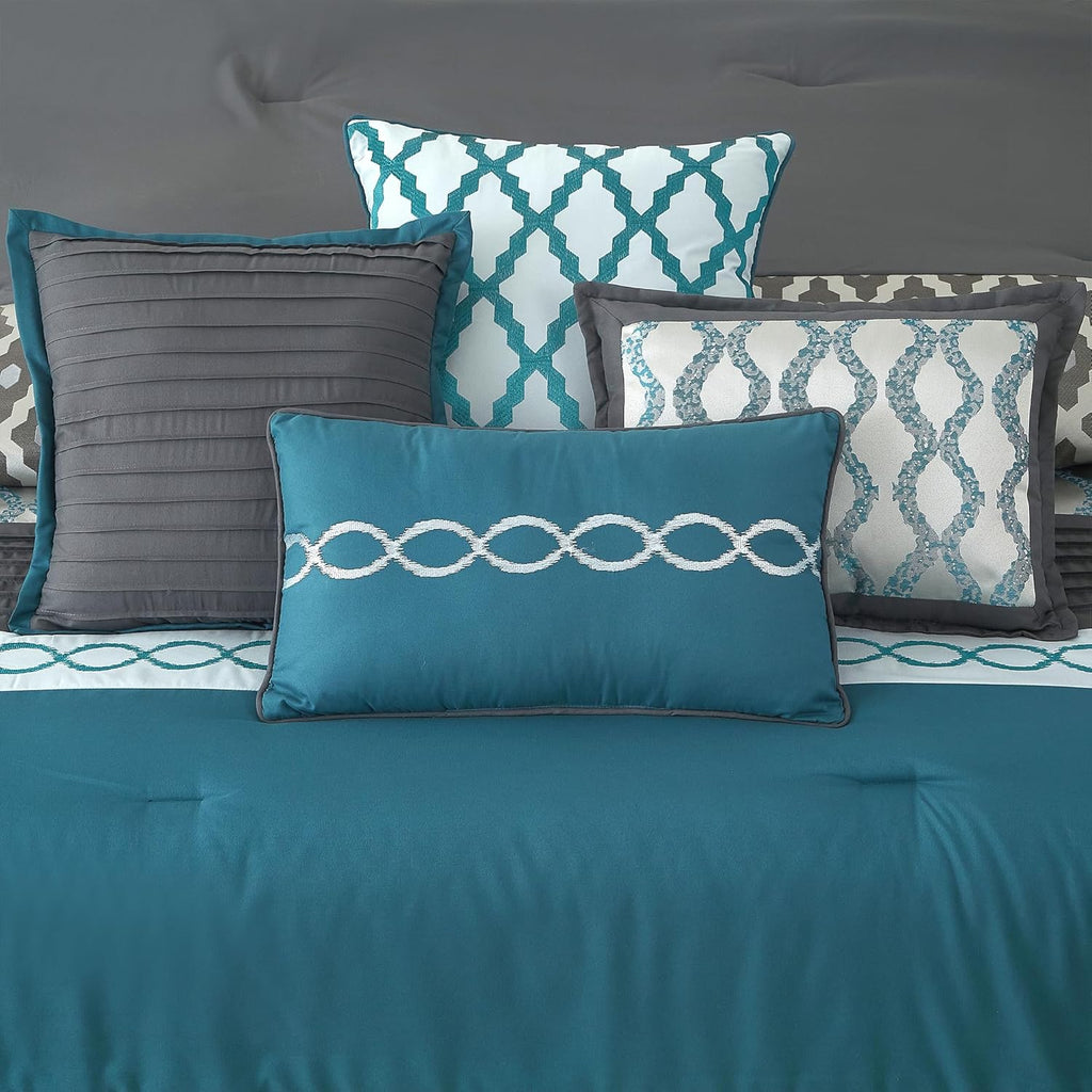 LANCO MODERN LIFESTYLE Oversized Comforter Set, Blue, 10 Piece Bed in a Bag for All Seasons, Luxury Extreme Comfort Bedding Sets with Bedskirt, Pillow Shams, Euro Shams and Decor Pillows