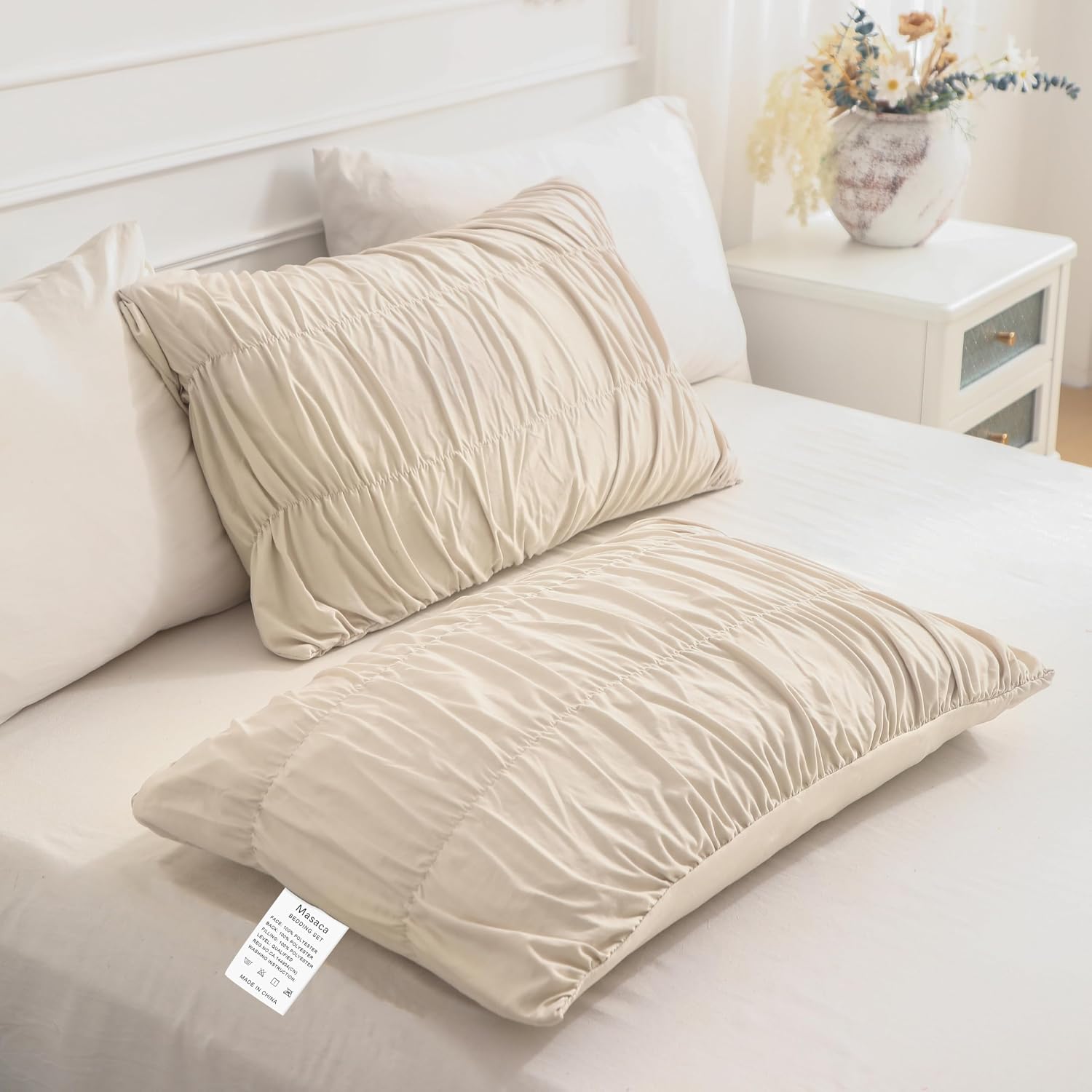 Masaca Oversized King Comforter 128'x120',Ruched Wheat Extra Large King Comforter Set,3 Pieces Lightweight Fluffy Ruffle Comforter Set Shabby Boho Chic Bedding Ultra Soft