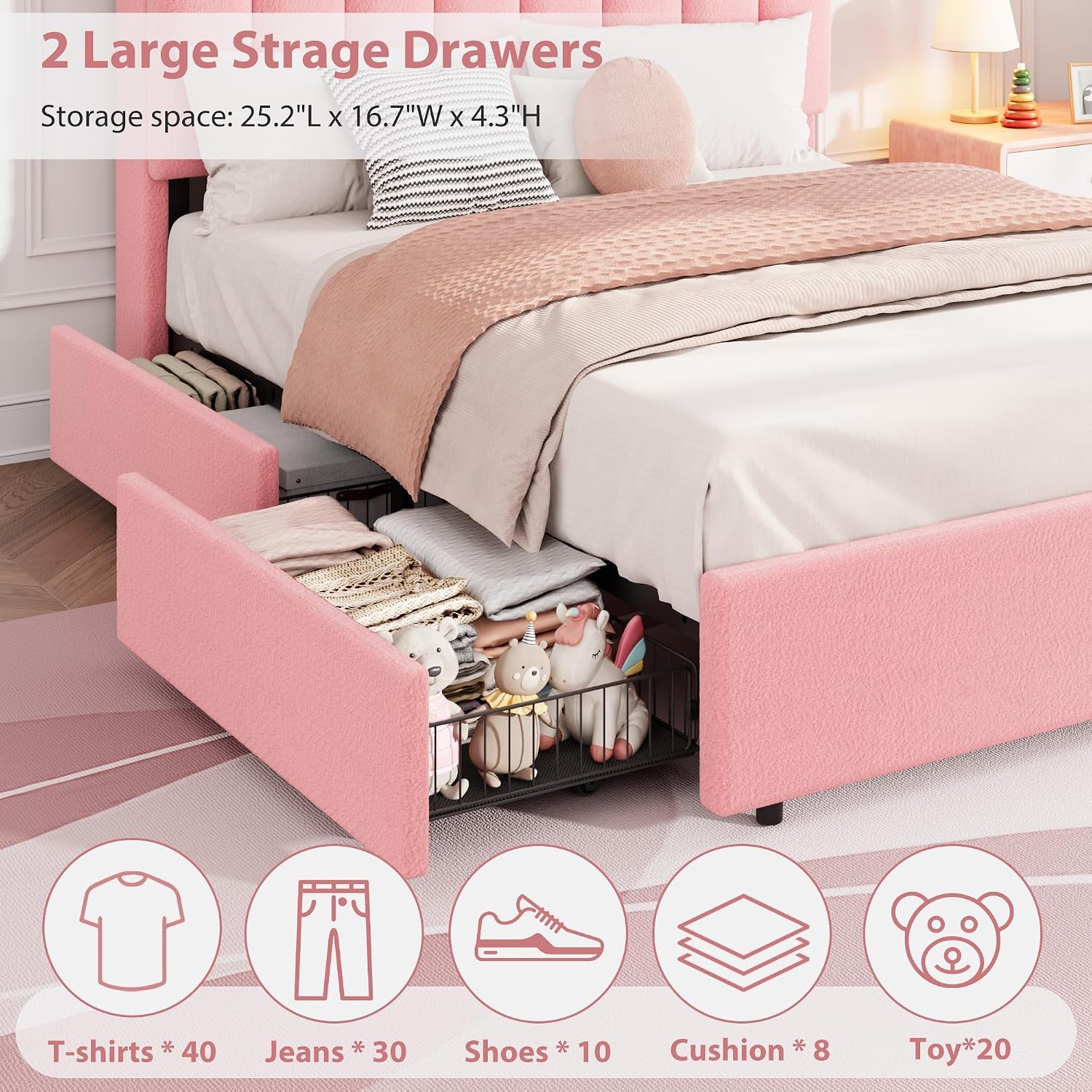 Garvee LED Full Size Bed Frame with Storage Headboard, Kids Bed Frame with 2 Drawers, Boucle Upholstered Platform Bed for Girls, Chic Wavy Headboard with Bookcase, No Box Spring Needed, Pink