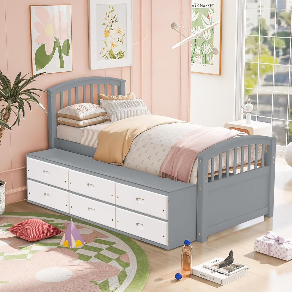Merax Twin Size Platform Storage Bed Solid Wood Bed with 6 Drawers, Grey+ White