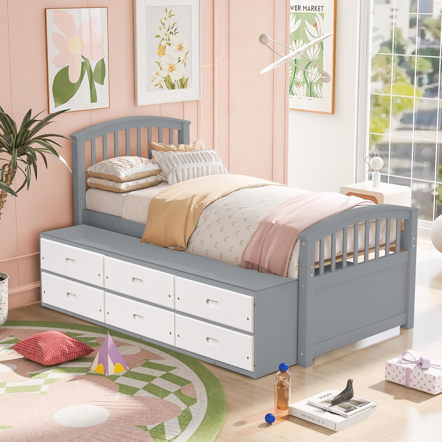 Merax Twin Size Platform Storage Bed Solid Wood Bed with 6 Drawers, Grey+ White