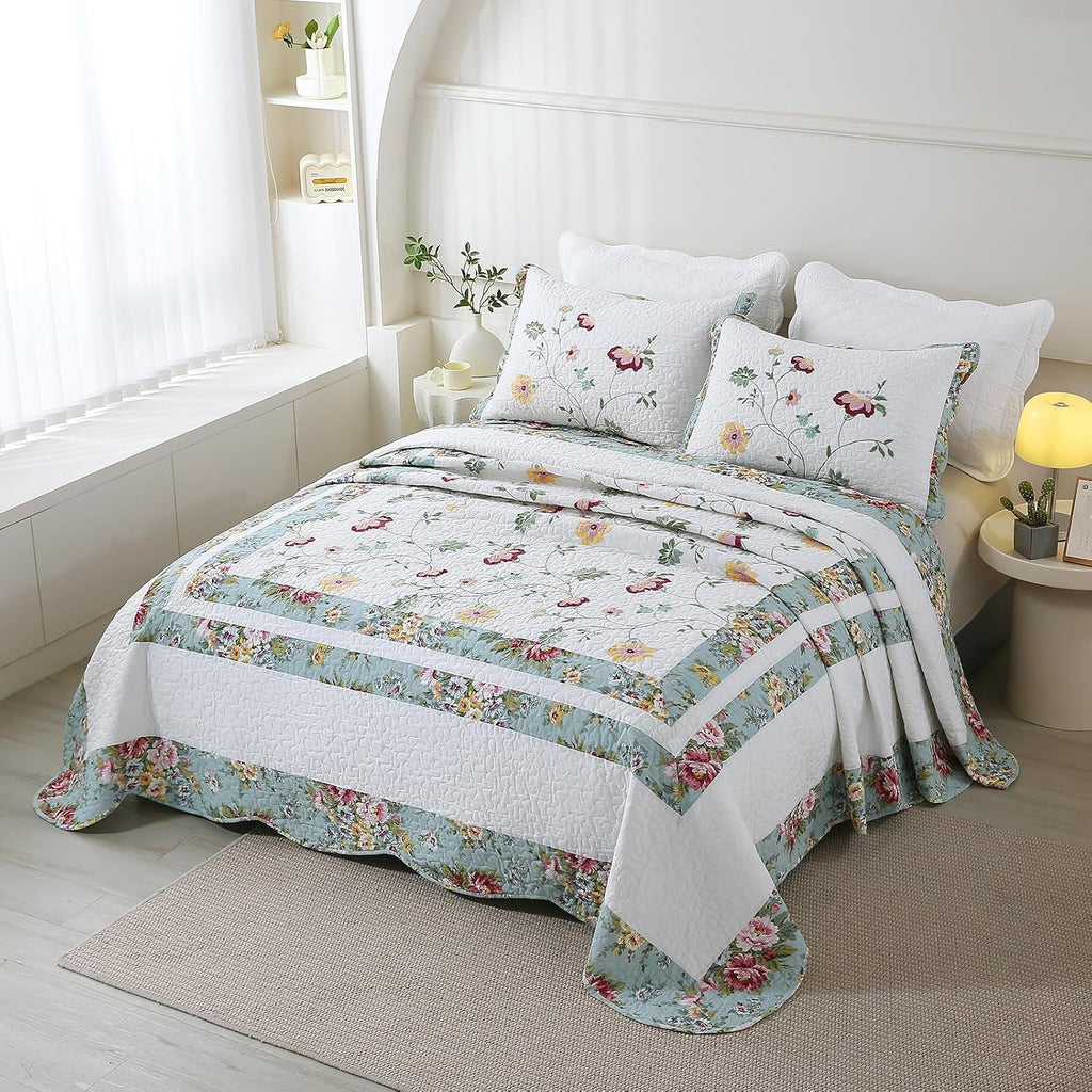 vctops 3-Piece Elegant Floral Embroidered Bedspread Coverlet Set 100% Cotton Reversible Patchwork 1 Quilt and 2 Pillow Shams Full/Queen, Flower G