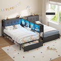 DICTAC Twin Beds for 2 Kids with Storage Bookcase Divider, Charging Station and LED Lights, Double Twin Bed with 2 Large Drawers and Headboard Storage, Metal Platform Bed for Shared Bedroom, Black
