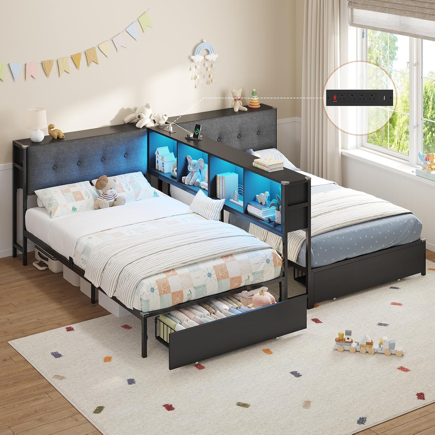 DICTAC Twin Beds for 2 Kids with Storage Bookcase Divider, Charging Station and LED Lights, Double Twin Bed with 2 Large Drawers and Headboard Storage, Metal Platform Bed for Shared Bedroom, Black