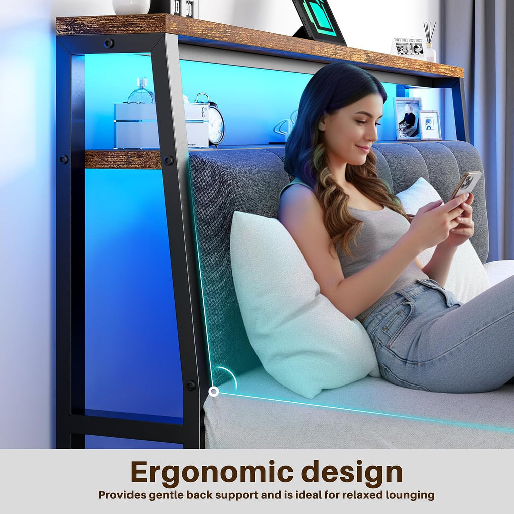 Full Size Bed Frame with Charging Station,Bed Frame Full Size with LED Linghts Have Upholstered Storage Headboard and 12' Under-Bed Storage, Providing Noise-Free and No-Sliding Support,Vintage Brown