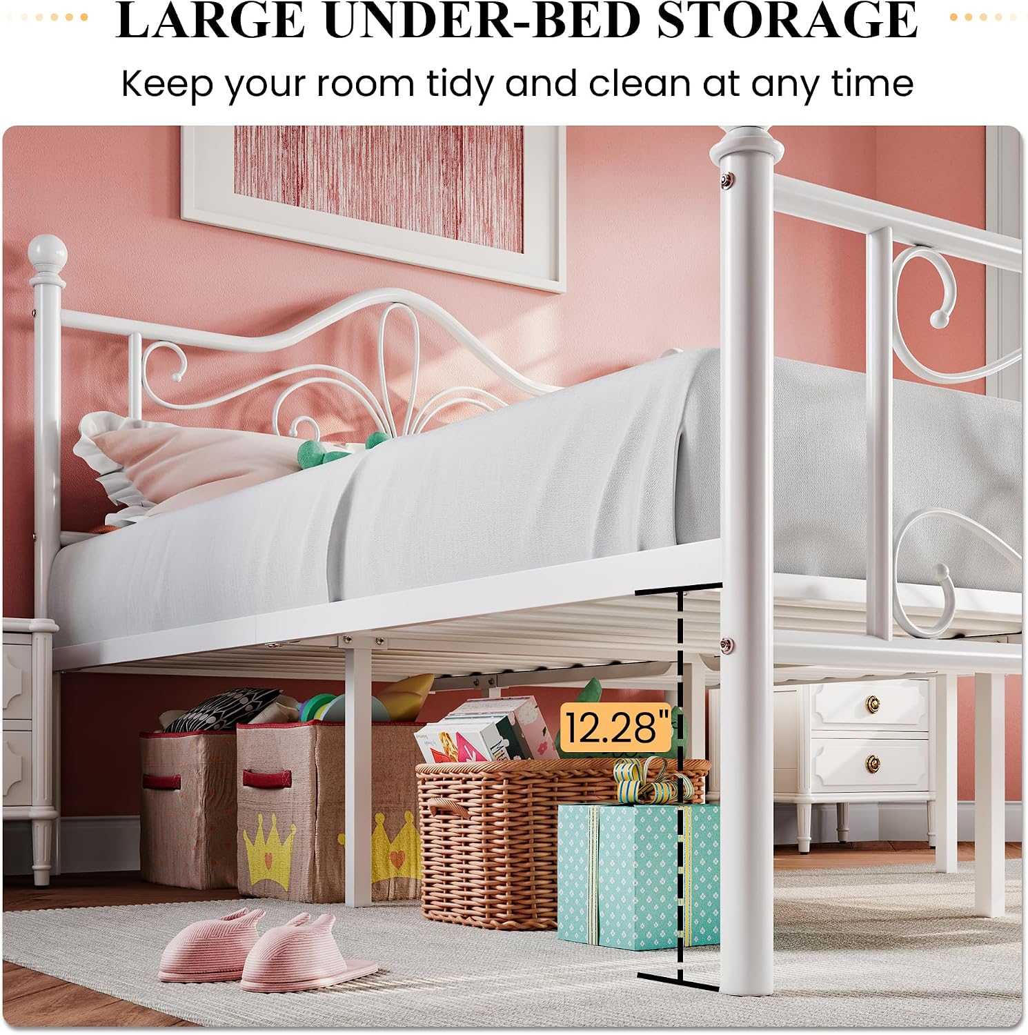 SHA CERLIN Queen Size Bed Frame with Headboard,Metal Bed Frame with Butterfly Pattern Design Headboard & Footboard,No Box Spring Needed,Easy Assembly,White